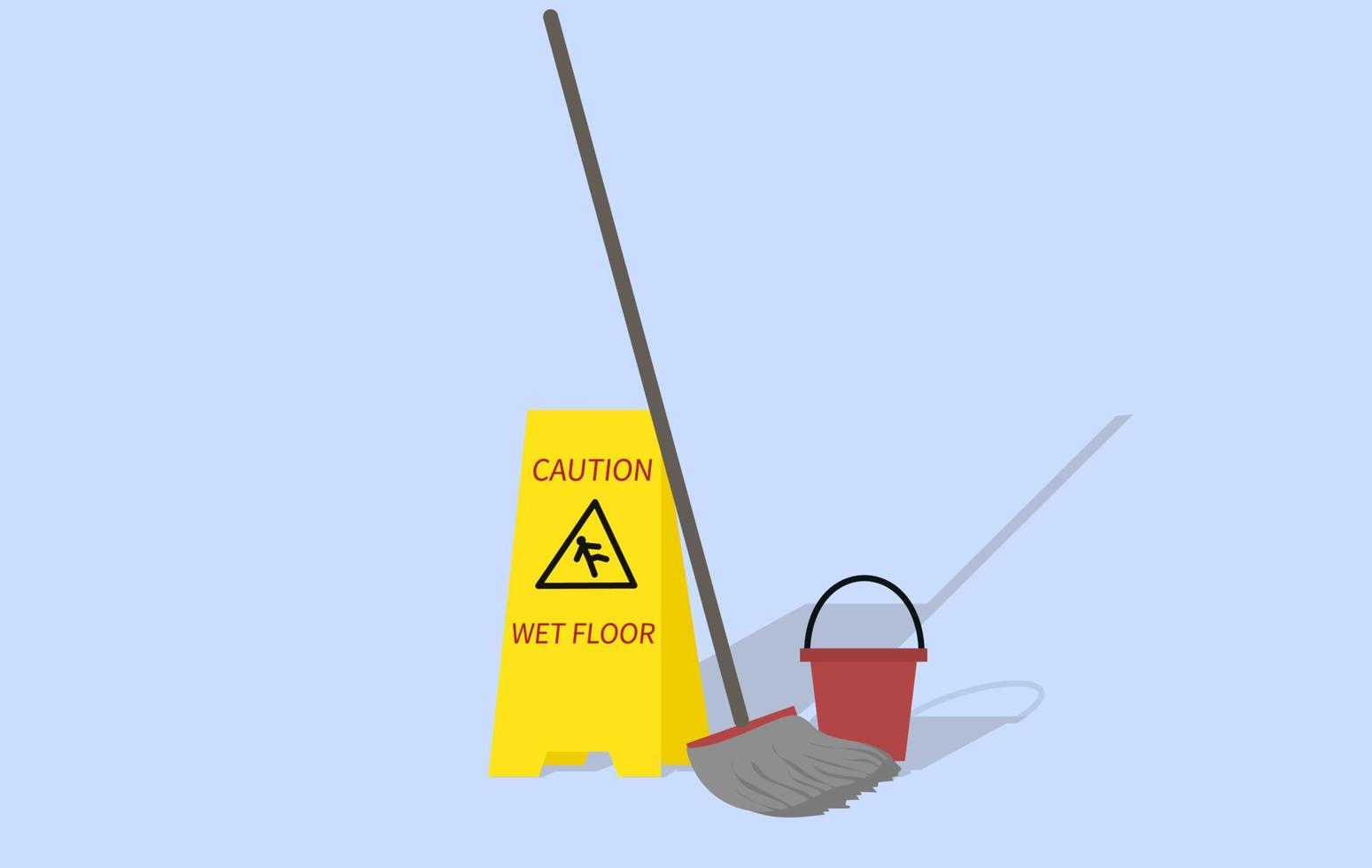 vektor grafisk illustration, moping och rengöring verktyg, hink, mopp pinne och varning våt golv tecken