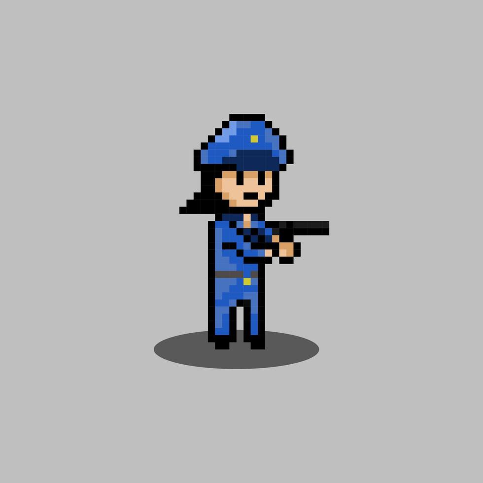 pixel konst stil, gammal Videospel stil, retro stil 18 bit poliskvinna med pistol vektor