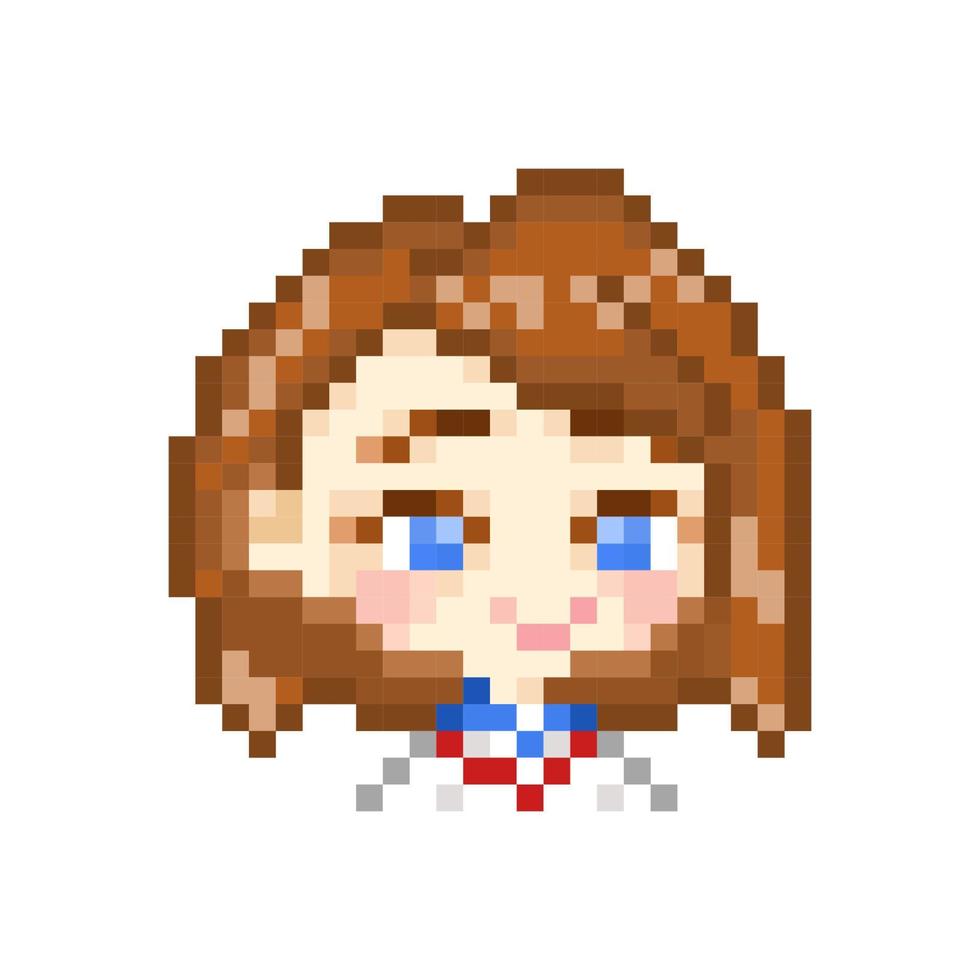 Pixel-Art-Stil, alter Videospiel-Stil, Retro-Stil 18 Bit, Emote-Lächeln des Chibi-High-School-Mädchens für Zwietracht oder Zucken vektor