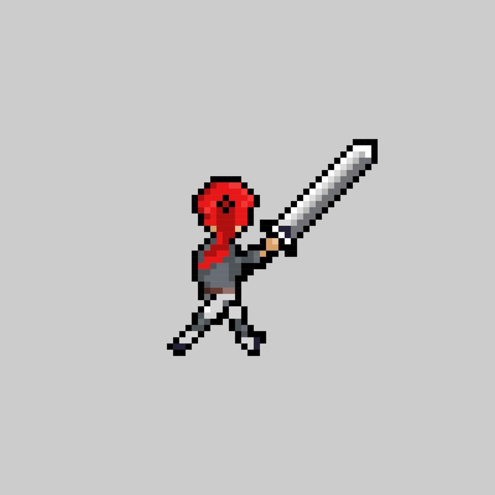 pixel konst stil, gammal Videospel stil, retro stil 18 bit kvinna svärdman gunga ett räckte svärd vektor