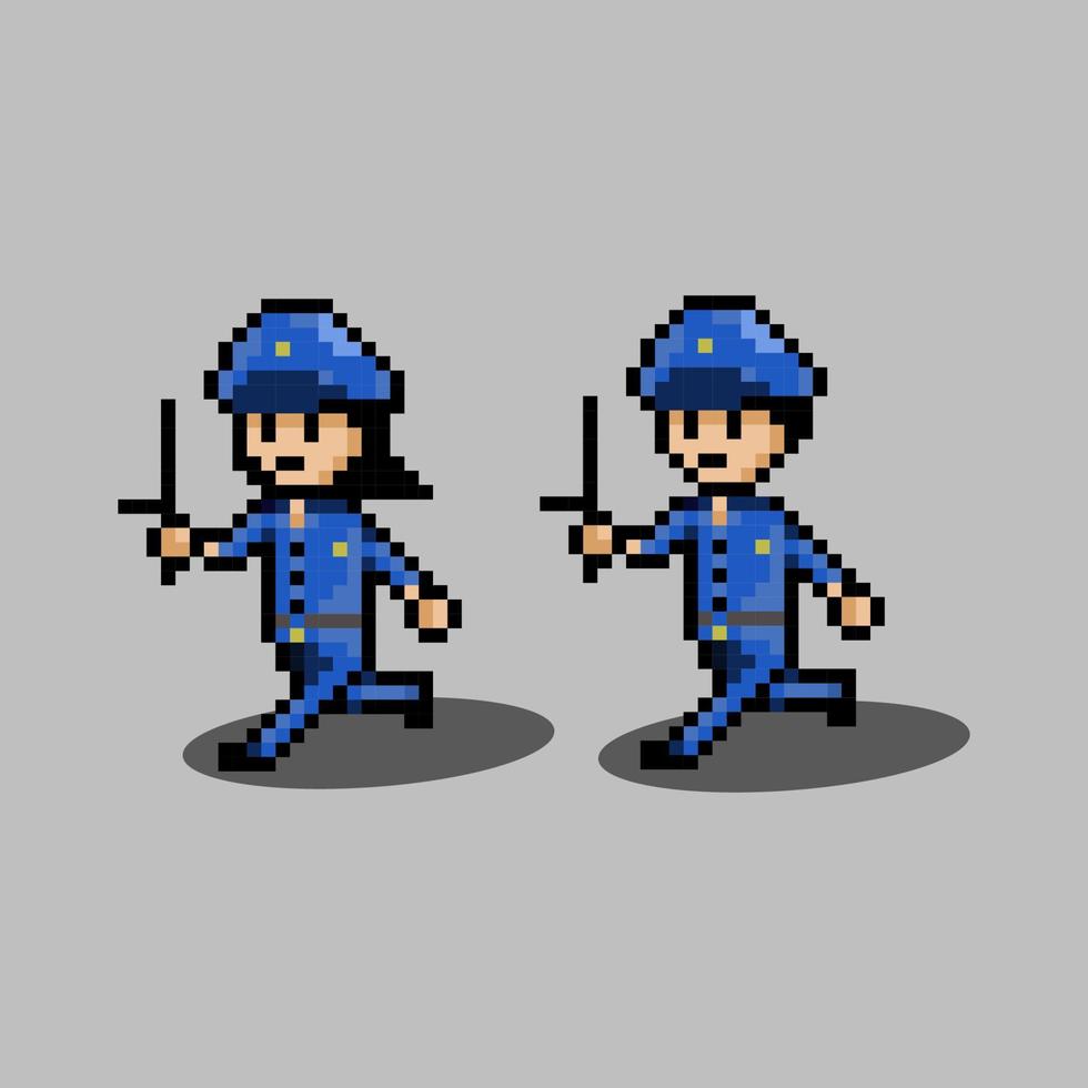 Pixelkunststil, alter Videospielstil, Retro-Stil 18-Bit-Polizei und Polizistin laufen Vektor