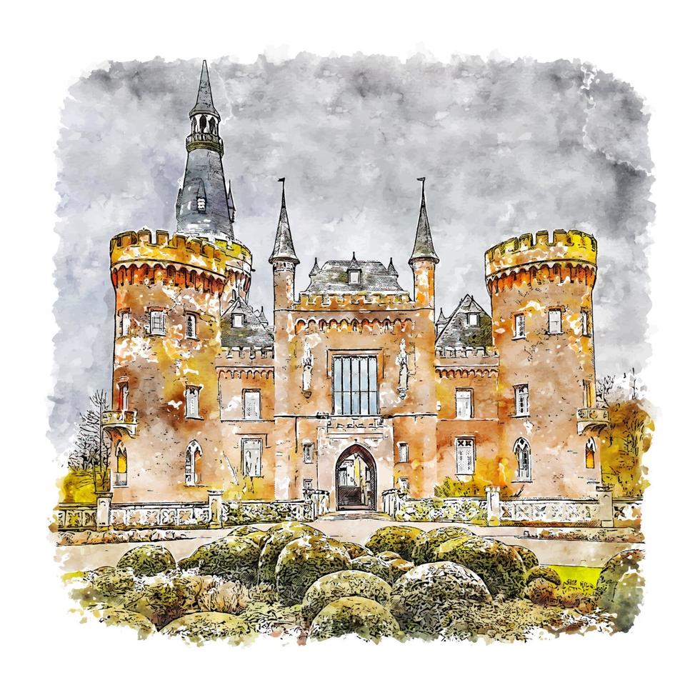 moyland slott Frankrike vattenfärg skiss hand dragen illustration vektor