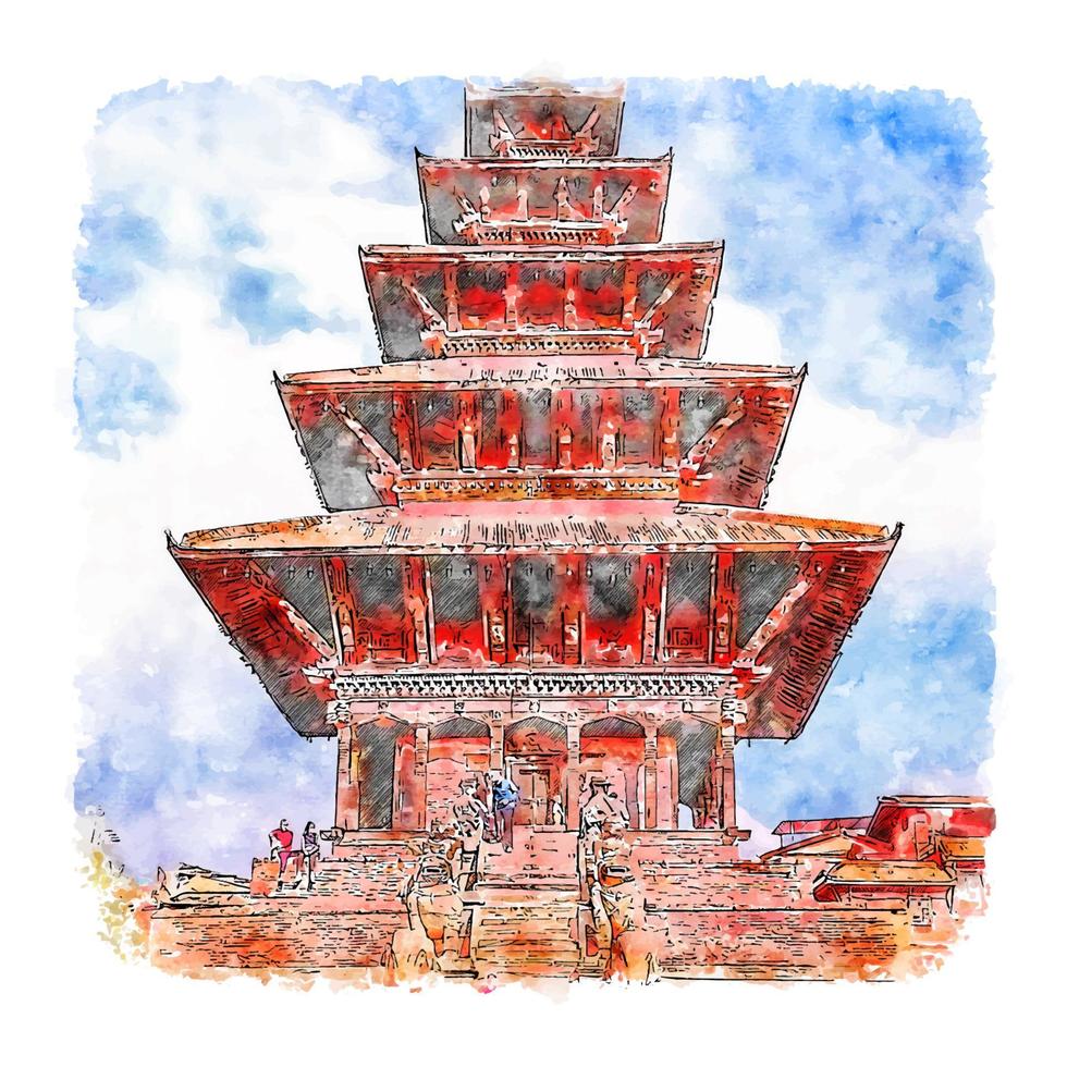 bhaktapur durbar fyrkant vattenfärg skiss hand dragen illustration vektor