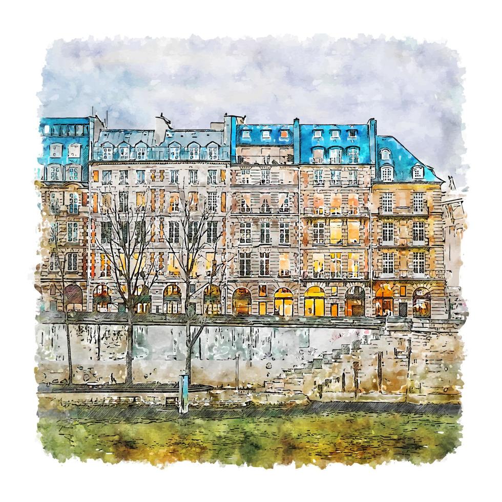 architektur paris frankreich aquarellskizze handgezeichnete illustration vektor