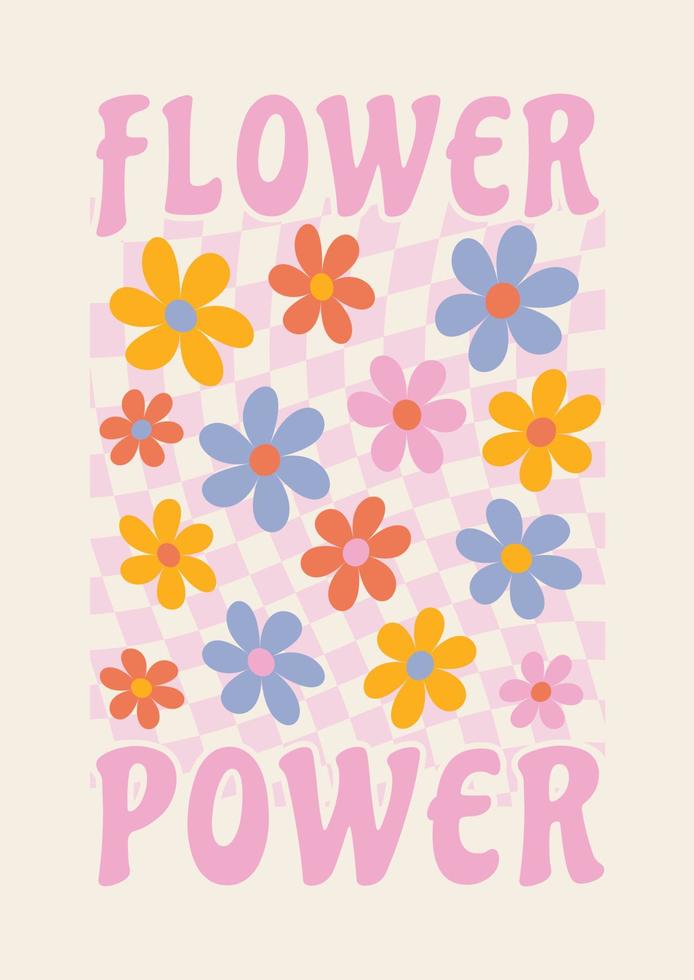 abstrakter retro-ästhetischer hintergrund mit groovigen gänseblümchenblumen. Vintager Blumenkunstdruck der Mitte des Jahrhunderts. Hippie-Stil der 60er, 70er, 80er Jahre. Flowerpower. Poster, Inschrift auf einem T-Shirt vektor