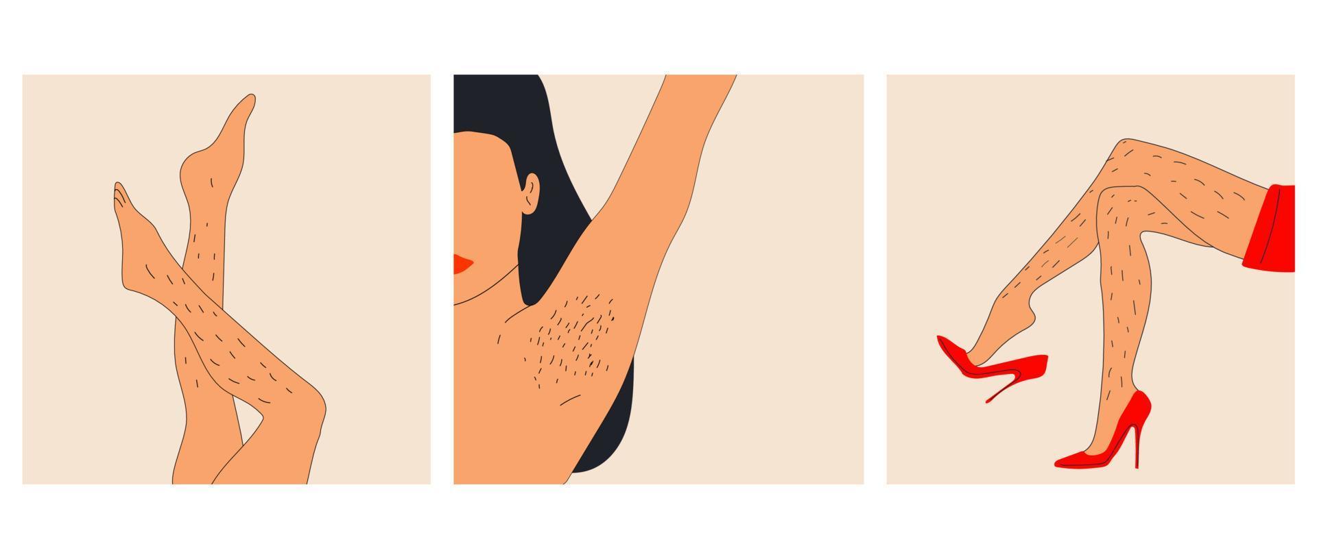 kvinna orakad hårig ben och armhåla hår uppsättning av tre hand dragen vektor illustrationer. affisch kropp positivitet