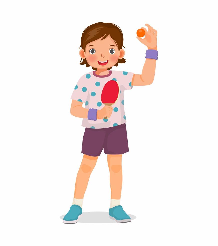 Süßer kleiner Mädchen-Tischtennisspieler mit Ping-Pong-Ball mit spielbereitem Paddel vektor