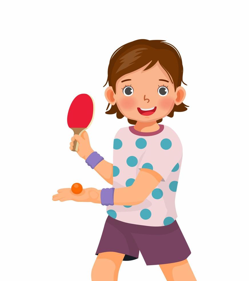 süßes kleines Mädchen, das Tischtennis in Servierposition spielt, bereit, den Ping-Pong-Ball mit Paddel zu schlagen vektor