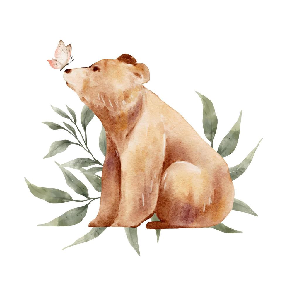 braunbär mit schmetterling und blättern natur aquarell. Bär der wild lebenden Tiere lokalisiert auf weißem Hintergrund. waldbär tieraquarellillustration vektor