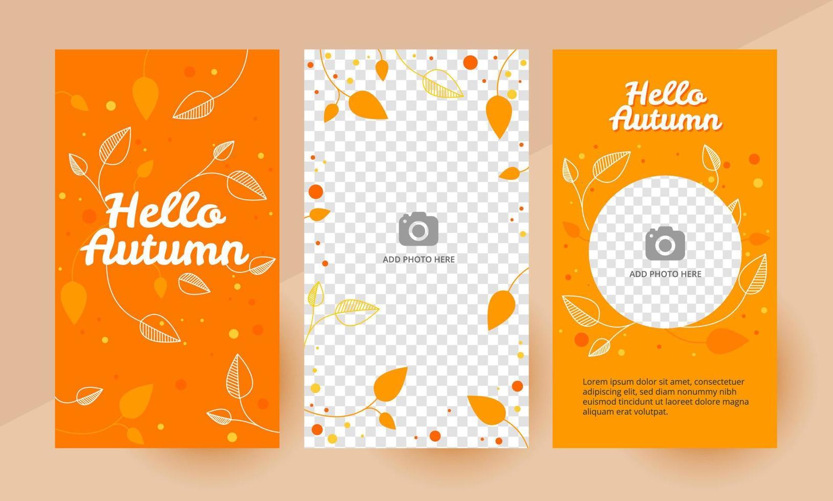 Social-Media-Hallo-Herbstgeschichtenvorlage, editierbare Social-Media-Vorlage. Hintergrund für Social-Media-Herbst-Design-Vektor. Vorlage für vertikale Geschichten. Vektor-Illustration. orangefarbenes Blattmusterdesign. vektor