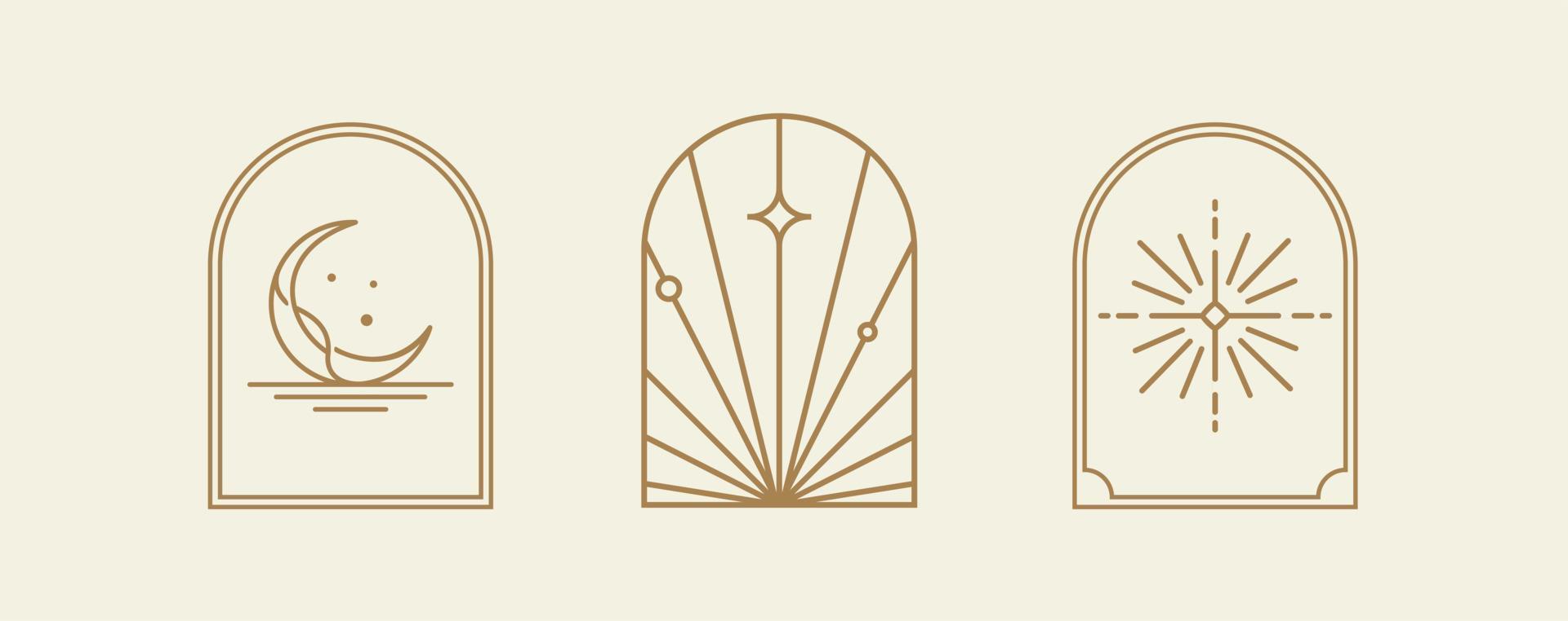 årgång linje konst av bohemisk gyllene logotyp konst samling, ikoner och symboler, Sol och måne, båge fönster design geometrisk abstrakt design element för dekoration vektor