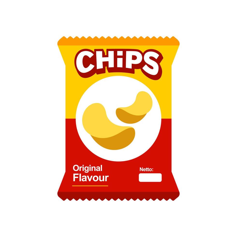 Snack-Chips-Beutel-Plastikverpackungsdesign-Illustrationsikone für Lebensmittel- und Getränkegeschäft, Kartoffel-Snack-Branding-Element-Logo-Vektor. vektor