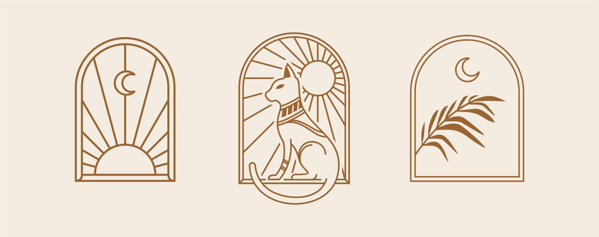 böhmische Linie Logokunst. Symbol und Symbole mit Katze, Sonne und Mond. Geometrische abstrakte Gestaltungselemente des Bogenfensterdesigns für Dekorationsvektorillustration vektor