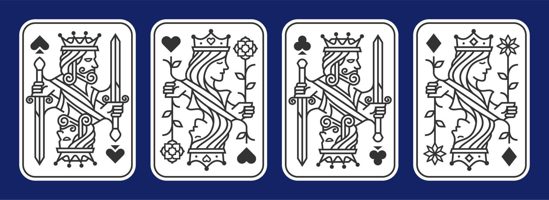 Satz von König und Königin Spielkarte Vektor-Illustration Satz von Herzen, Spaten, Diamanten und Keulen, königliche Karten-Design-Kollektion vektor