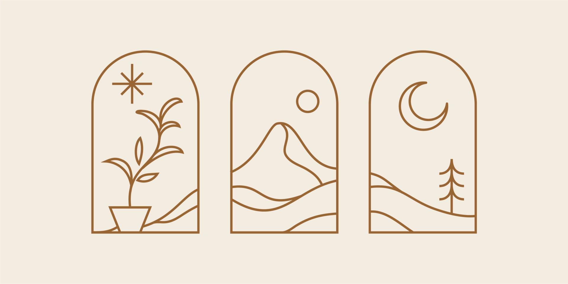Berghügellandschaft böhmische Linie Illustration Logokunst, Ikonen und Symbole, Sonne und Mond, tropische Pflanze Bogenfensterdesign geometrische abstrakte Designelemente für die Dekoration. vektor