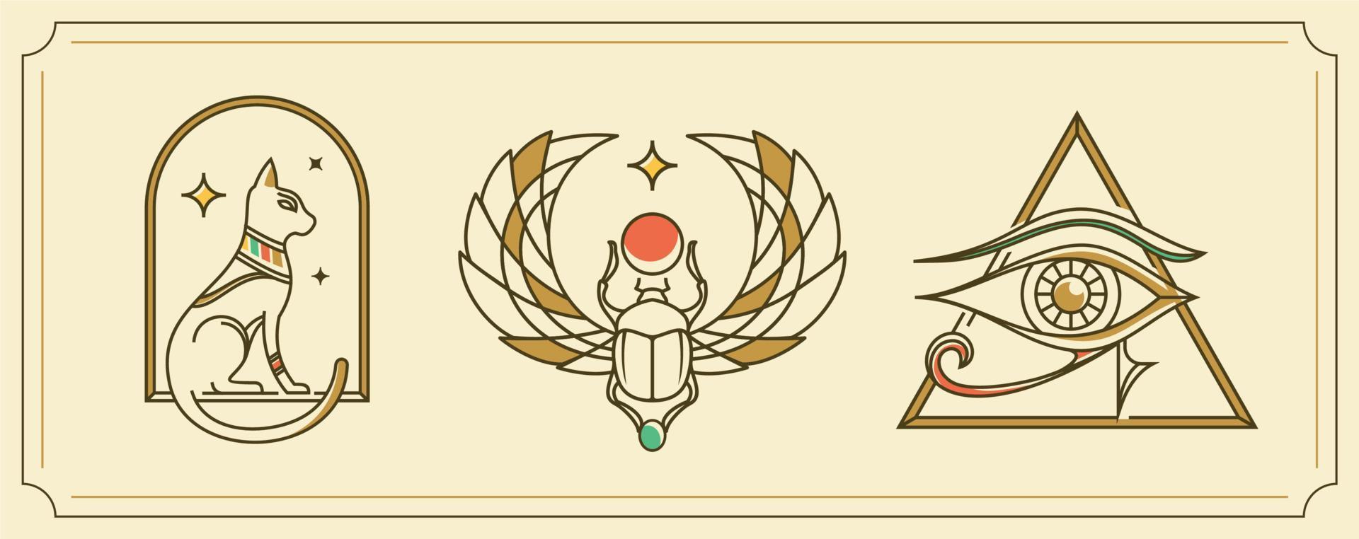 gammal egypten årgång konst hipster linje konst illustration vektor med öga av horus, helig scarab och katt, gammal skola tatuering stil konstverk samling uppsättning.