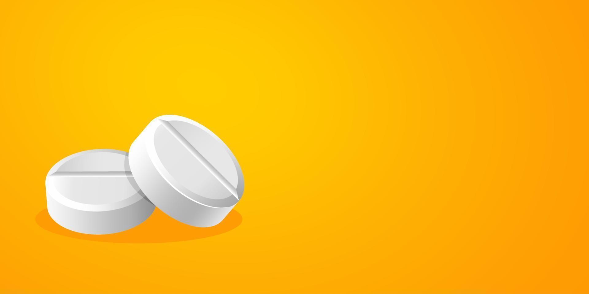 Weiße Pillen auf gelbem Hintergrund, 3D-Pillenmedizin-Vektorillustration im realistischen Stil auf gelb-orangeem Bannerhintergrund vektor