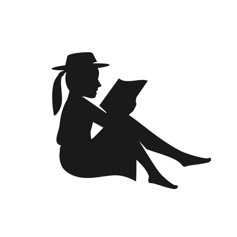 Schattenbild des kleinen Mädchens mit dem Hut, der sitzt und eine Buchgeschichtenvektorillustration hält, Kind, das einen Buchvektor liest vektor