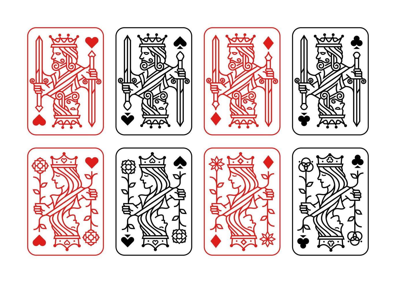 könig und königin spielkarte vektor illustration satz von herzen, spaten, karo und keule, königliche karten design sammlung