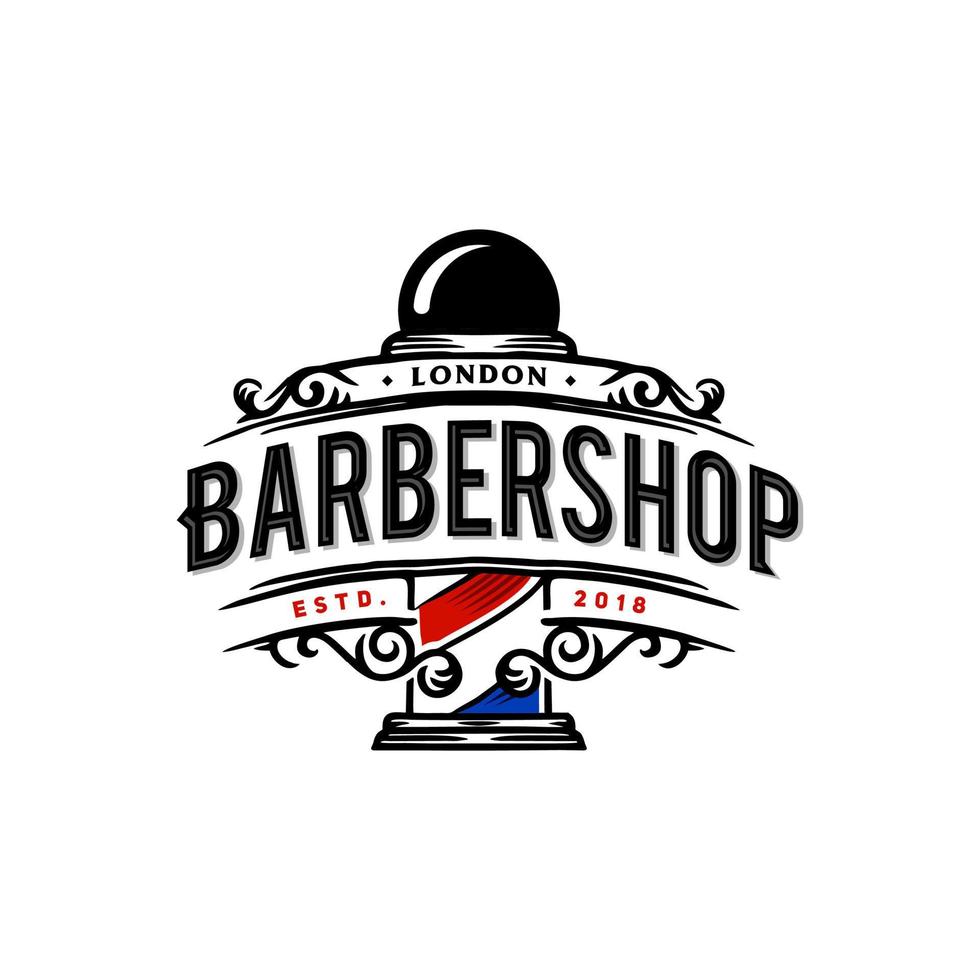 roter und blauer Vintage-Retro-Klassiker-Barbershop-Logo-Vektor, Hipster-Salon-Logo mit Pole-Abzeichen-Symbol-Logo vektor