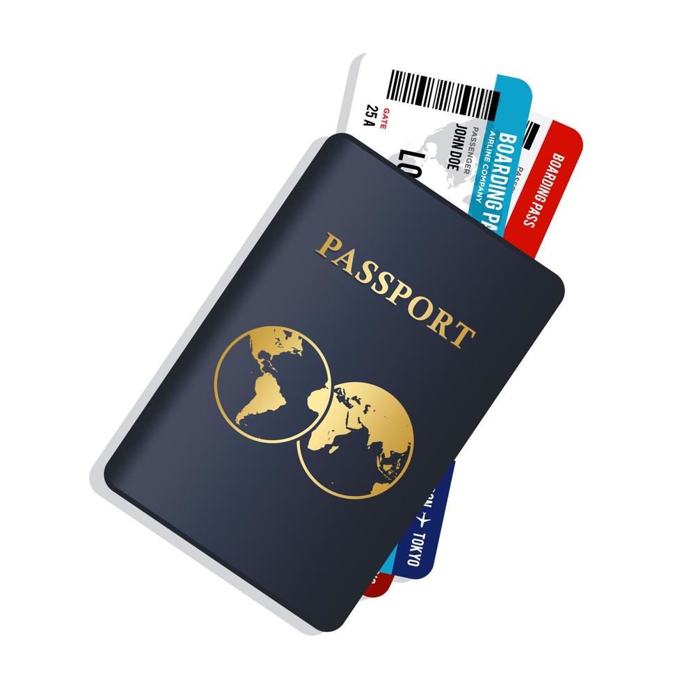 Reisepass mit Flugtickets Vektor. flugreisekonzept mit blauem passbuch und bordkarte. flaches design bürgerschafts-id für reisende isoliert. internationales reisekonzept. vektor