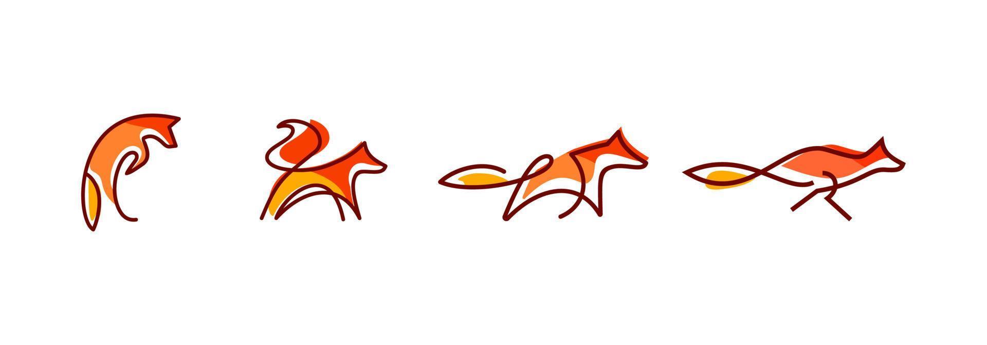 fuchswandkunstdesign, linienkunst des abstrakten orangefarbenen fuchsspringens und -laufens, minimale fuchslinienlogosatzsammlungsillustration lokalisiert auf weißem hintergrund vektor