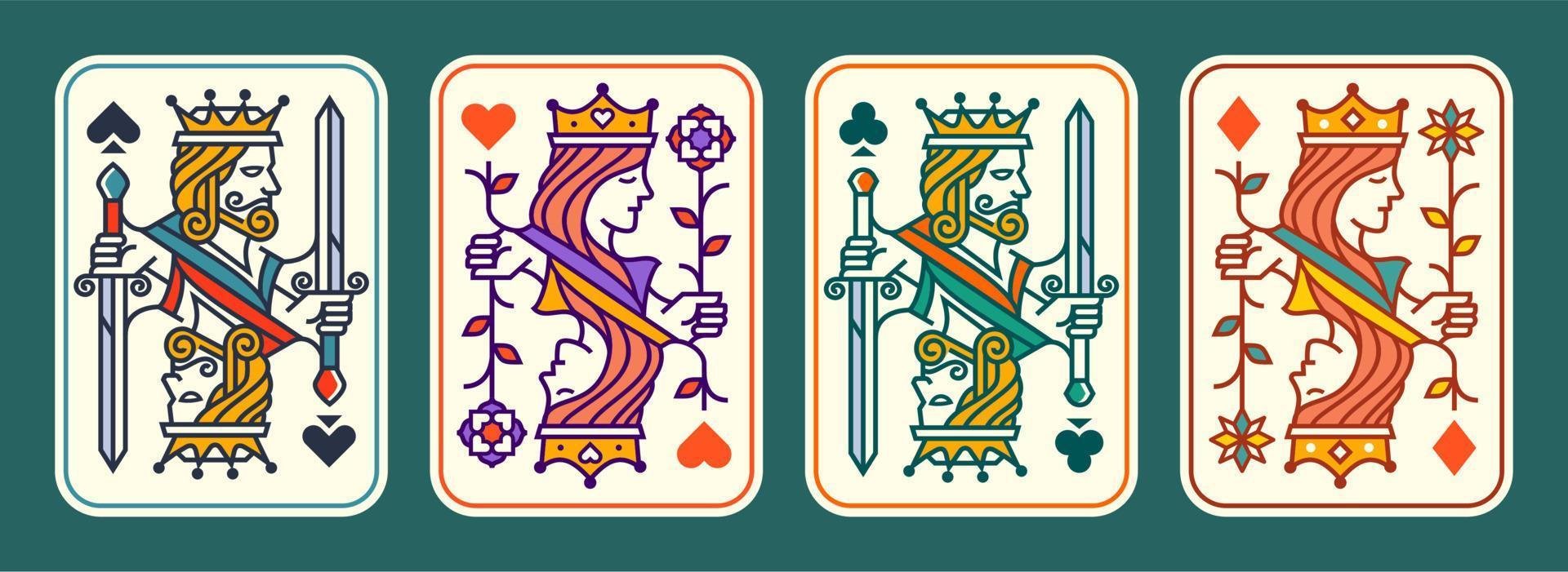 uppsättning av kung och drottning spelar kort vektor illustration uppsättning av hjärtan, spade, diamant och klubb, kunglig kort design samling