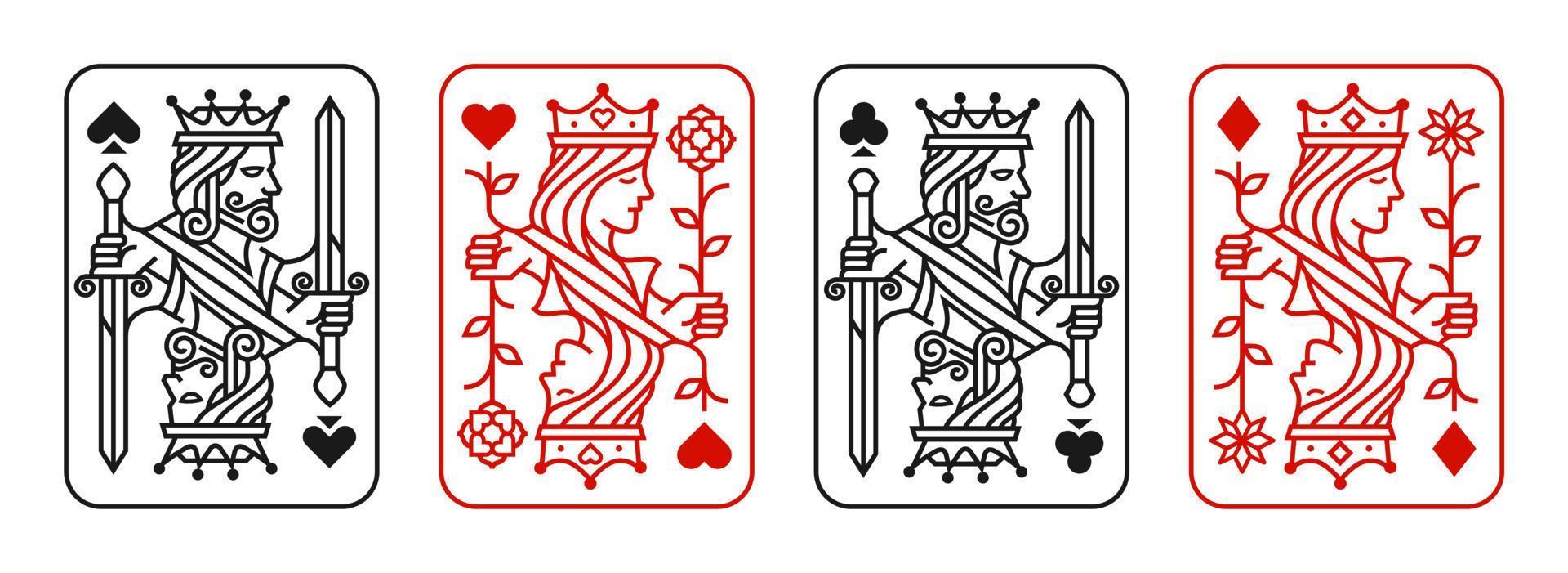 könig und königin spielkarte vektor illustration satz von herzen, spaten, karo und keule, königliche karten design sammlung