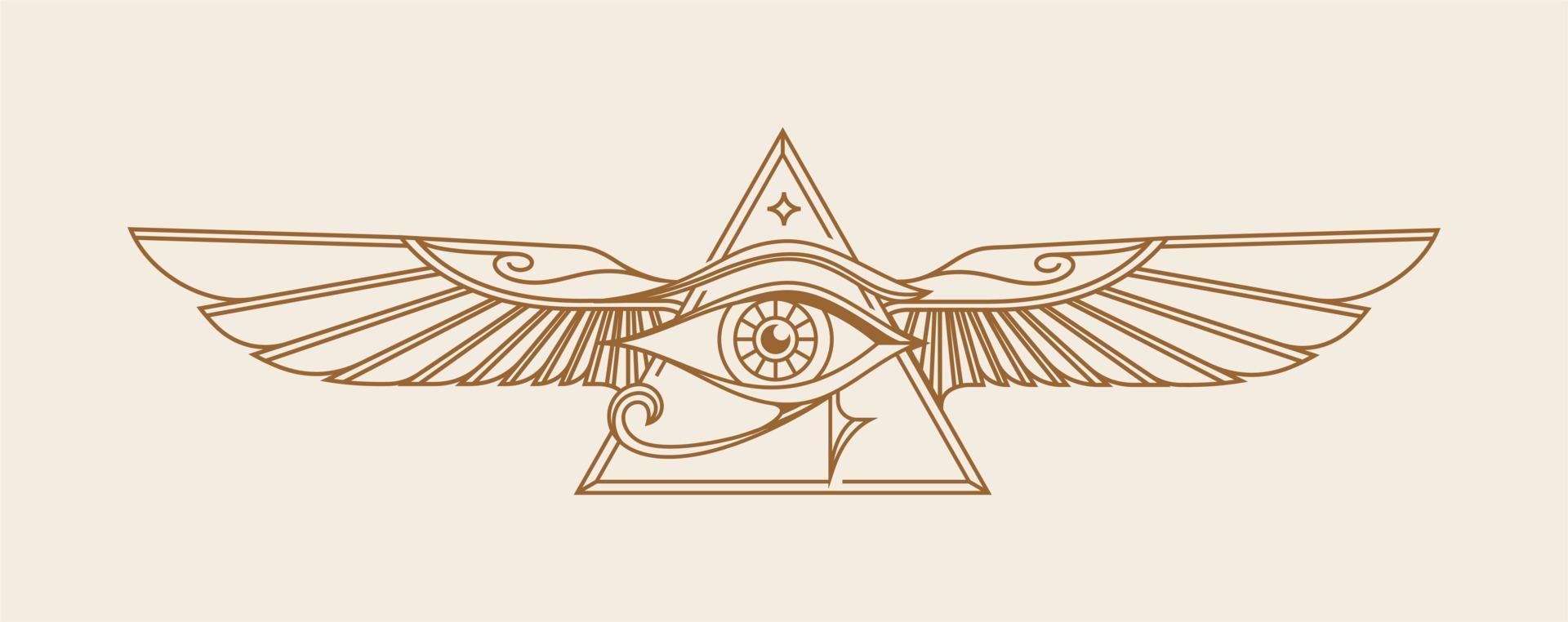 horus med vingar vektor. gammal egypten årgång konst hipster linje konst illustration vektor med öga av horus med helig scarab vingar vägg konst design