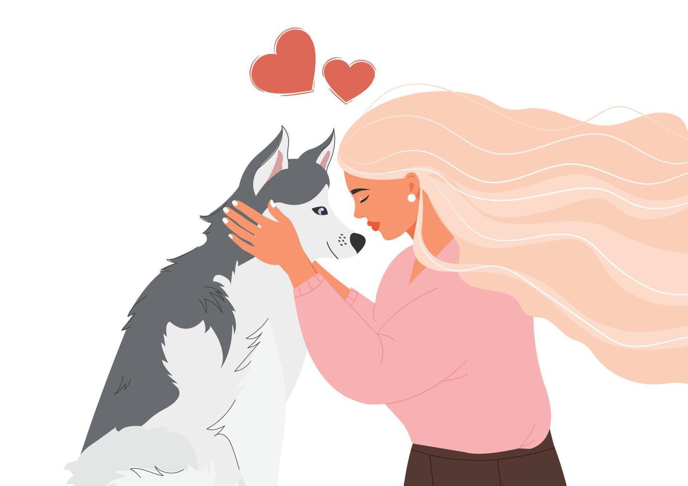 glückliches Mädchen, das einen Husky-Hund in einem flachen Cartoon-Stil umarmt. Liebe für Haustiere. Der Hund ist ein Freund des Menschen. Vektor