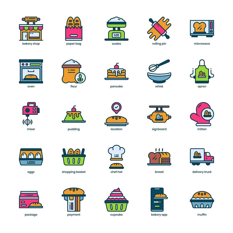 Bäckerei-Icon-Pack für Ihr Website-Design, Logo, App, ui. Bäckerei-Shop-Icon-Gliederungsdesign. Vektorgrafik-Illustration und editierbarer Strich. vektor