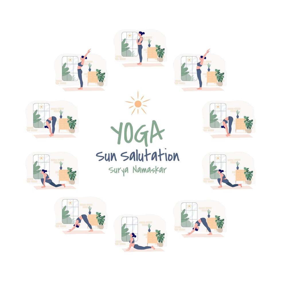 Satz von Yoga-Übungen Sonnengruß Surya Namaskar. schlanke frauen in verschiedenen yoga-positionen vektor