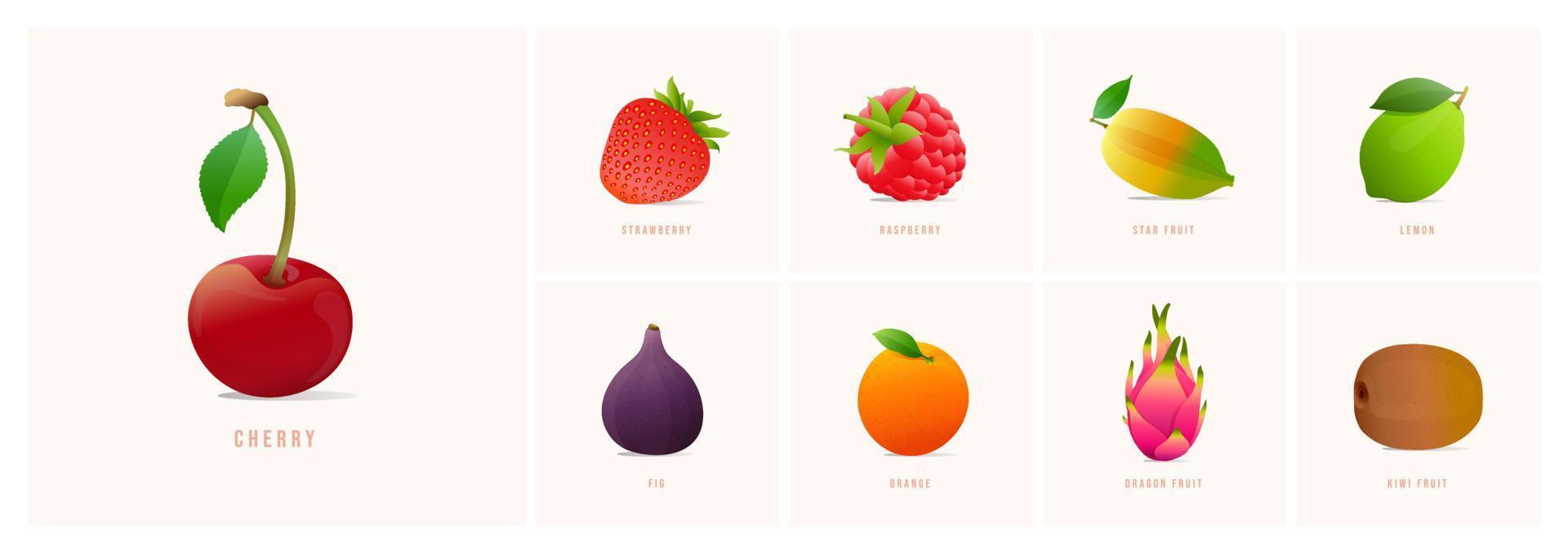 uppsättning av frukter, modern stil vektor illustrationer. körsbär, jordgubbe, stjärna frukt, citron, fikon, orange, drake frukt, kiwi
