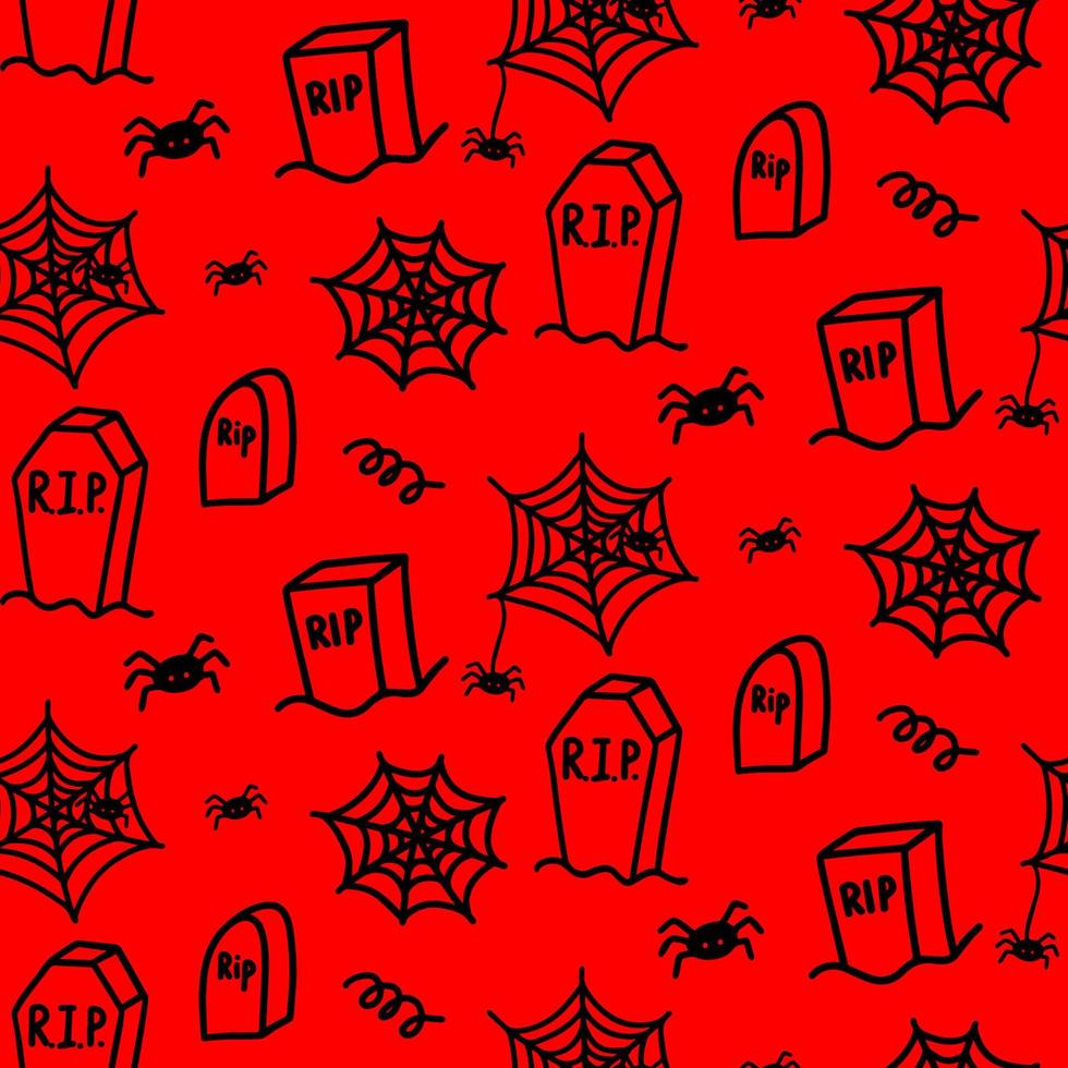 Vektorhalloween nahtloses Muster aus Grab, Spinnennetz, Spinne, Locken, Friedhof. lustige, niedliche illustration für saisonales design, textil, dekoration kinderspielzimmer oder grußkarte. handgezeichnete Gekritzeldrucke. vektor