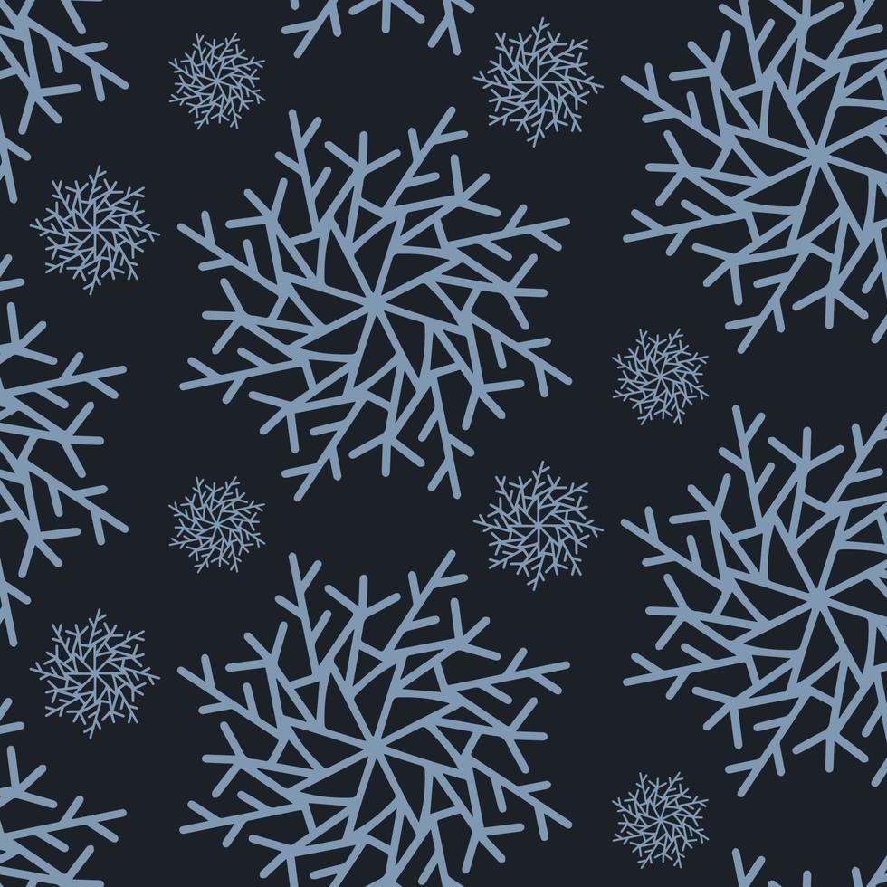 jul seamless mönster med snöflingor isolerad på mörk bakgrund. gott nytt år tapeter och omslag för säsongsdesign, textil, dekoration, gratulationskort. handritade utskrifter och doodle. vektor