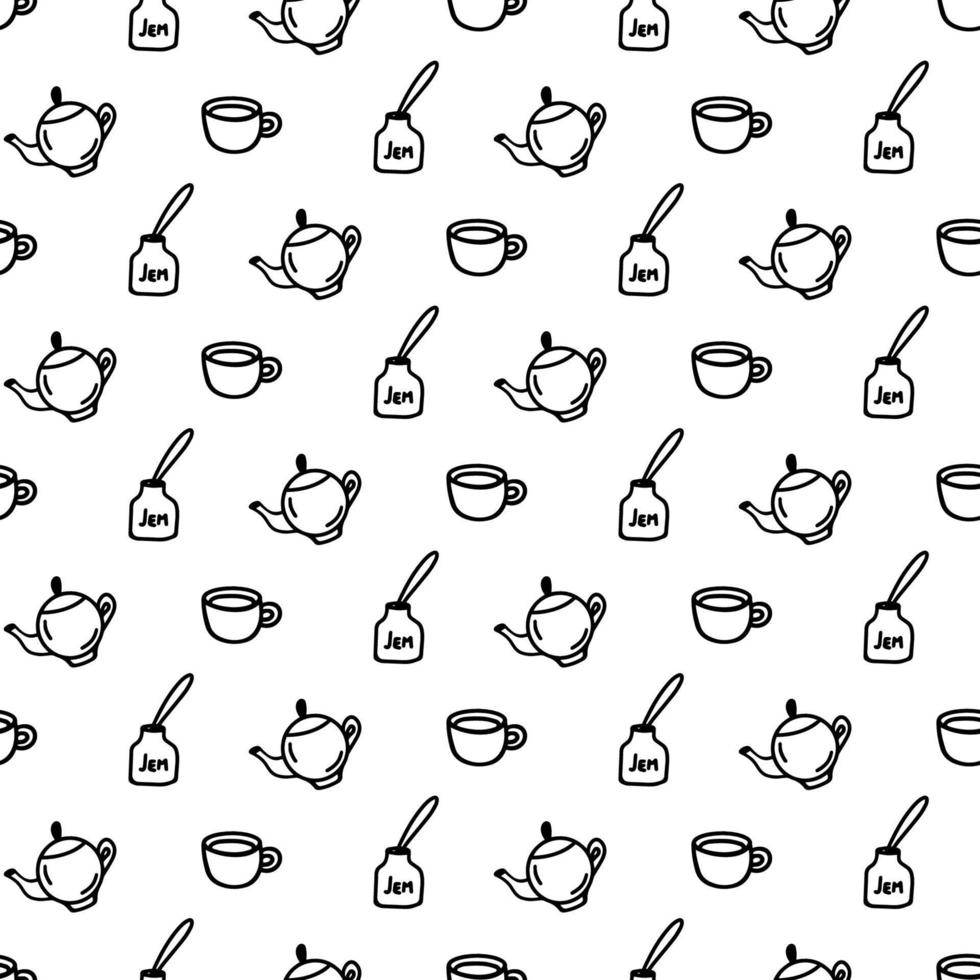 Vektor handgezeichnete nahtlose Muster mit Tasse, Teekanne, Glas Marmelade Symbole auf weißem Hintergrund. Doodle-Kaffeekanne, Becher, Marmeladenglasverpackung im Linienkunststil für ein Café-Dekor. Malvorlagen für Erwachsene und Kinder