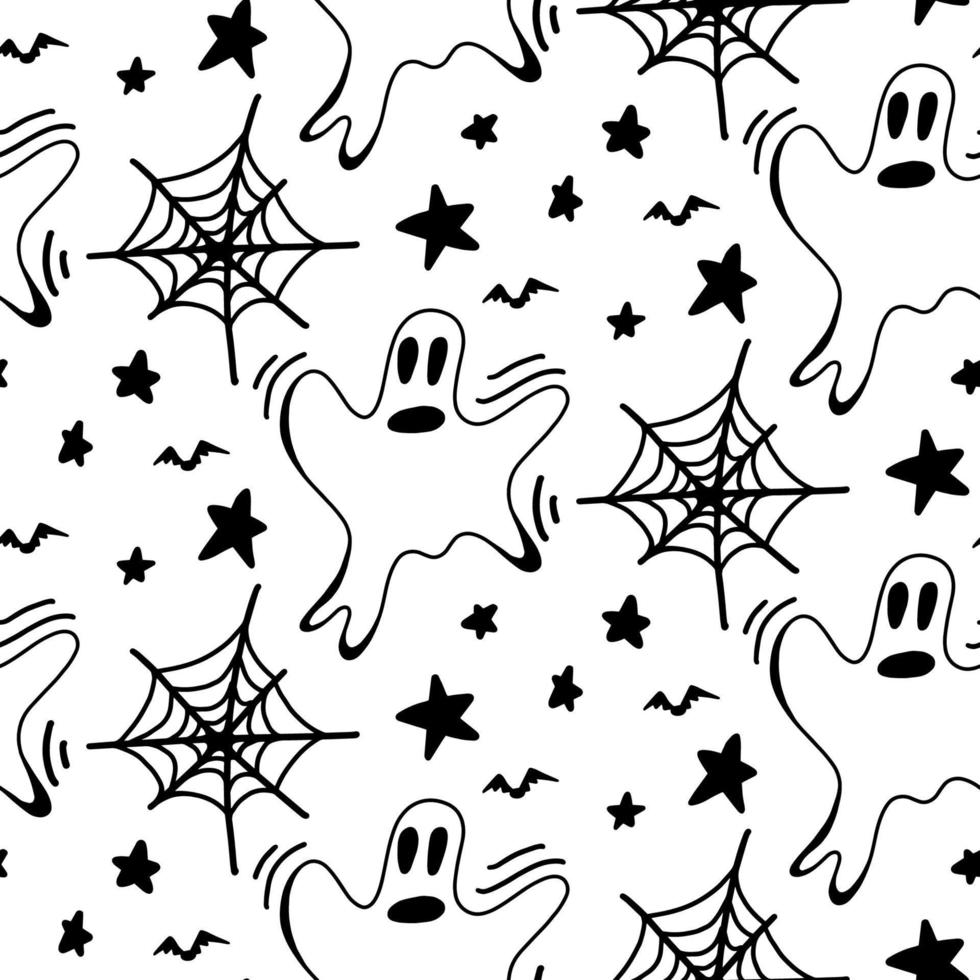 Vektorhalloween-Geist, Stern, Spinnennetz, nahtloses Muster der Fledermaus lokalisiert auf weißem Hintergrund. niedliche illustration für saisonales design, textil, dekoration kinderspielzimmer oder grußkarte. handgezeichnetes Gekritzel. vektor