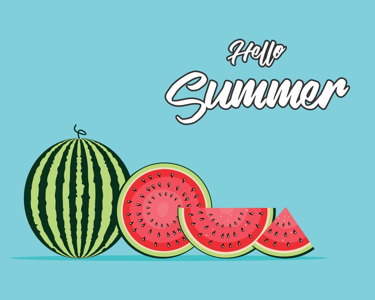 Hej sommar ord med frukt, vattenmelon. vektor illustration i platt stil