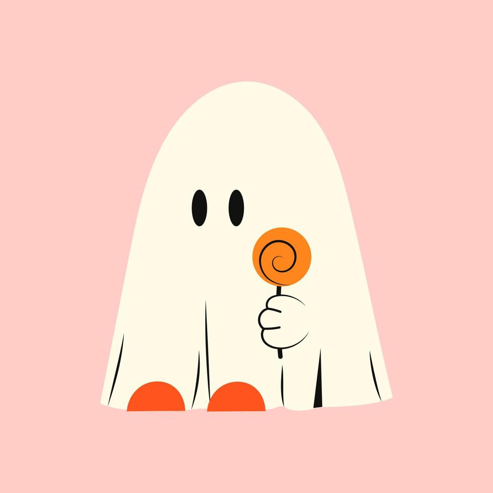 Halloween-Geist mit Süßigkeiten auf einem Stock. kawaii phantom in weißer kleidung. kawaii monster mystisches zeichnungskonzept. flache vektorillustration lokalisiert mit kürbissen und feiertagselementen. vektor