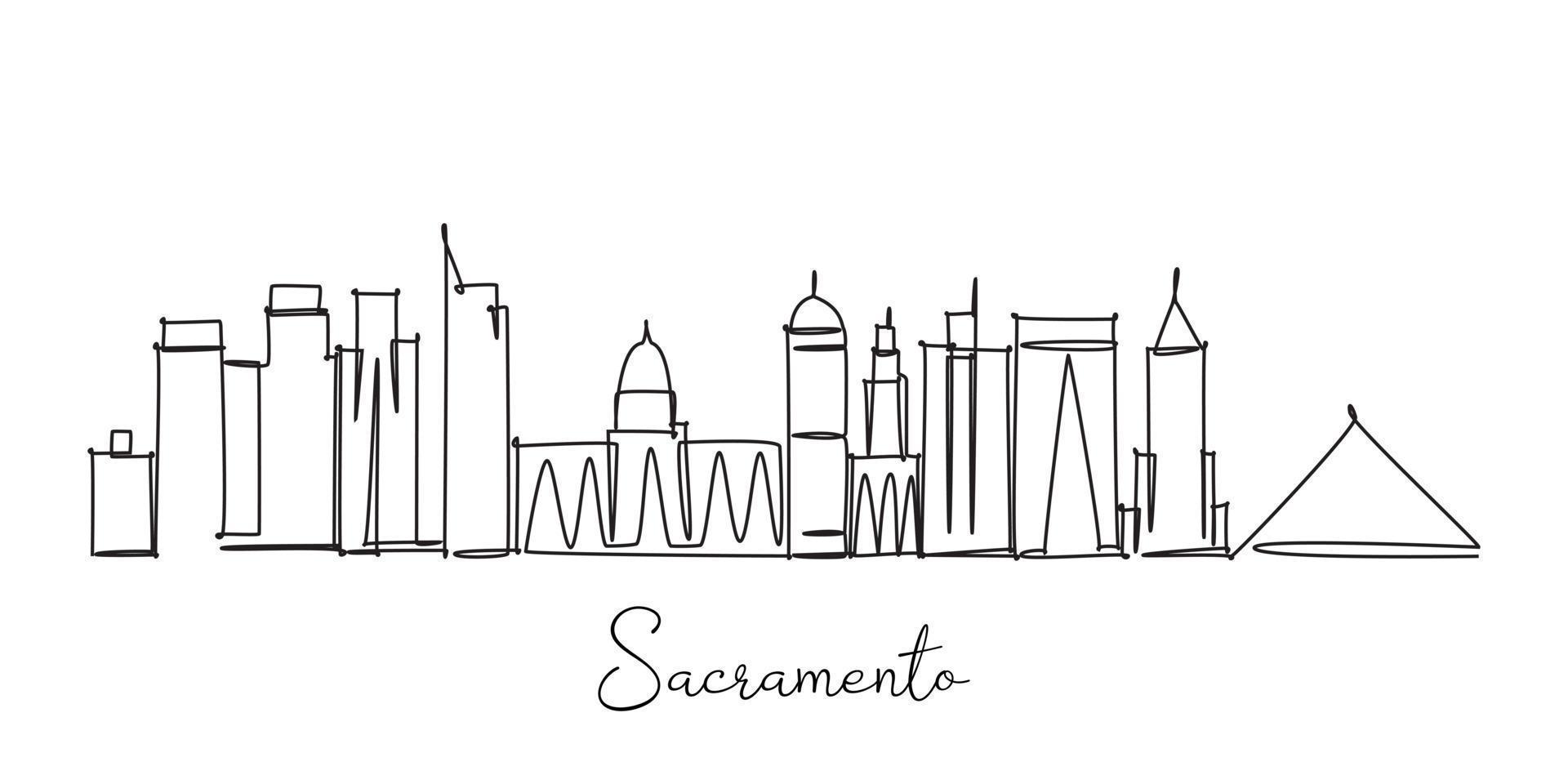 einzelne fortlaufende Linienzeichnung der Skyline von Sacramento. berühmte Wolkenkratzerlandschaft der Stadt. Weltreise-Postkarten-Wohnkultur-Wandkunst-Plakat-Druckkonzept. moderne einzeilige abgehobene betragsdesignillustration vektor