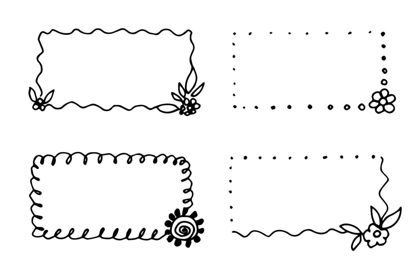 ritad för hand enkel vektor illustration i svart översikt. uppsättning av rektangulär blommig ramar. för etiketter, klistermärken, pris taggar, vykort.