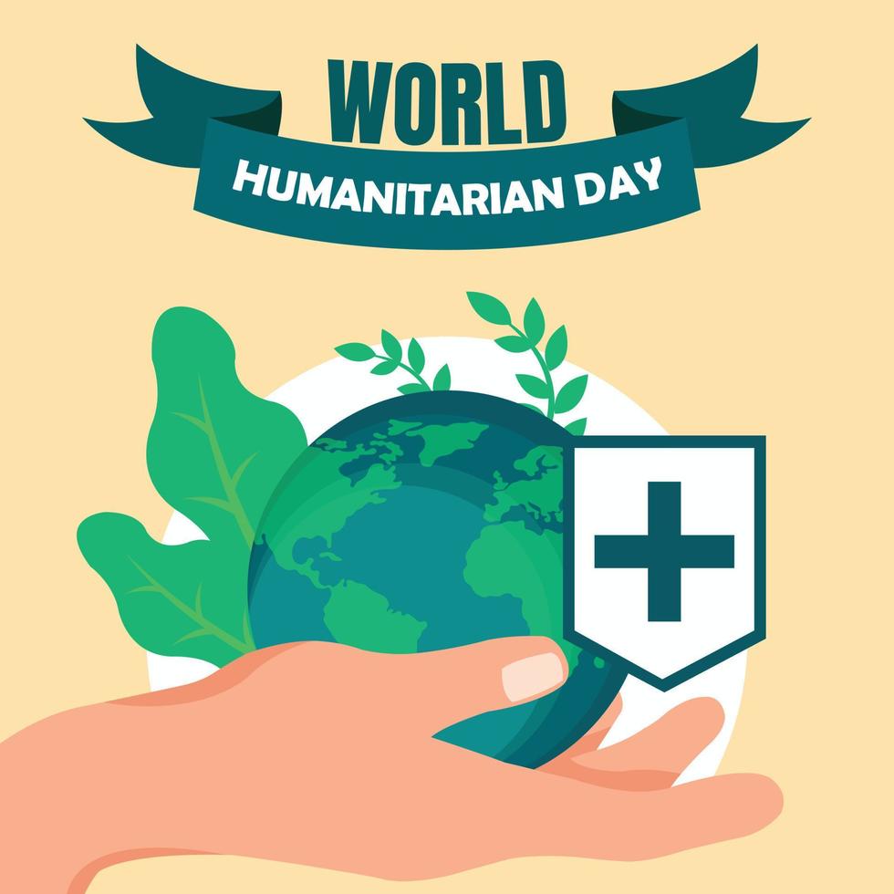 Illustrationsvektorgrafik von Händen, die die Erde halten und grüne Pflanzen und das rote Kreuzsymbol zeigen, perfekt für den humanitären Welttag, Natur, Feiern, Grußkarten usw. vektor