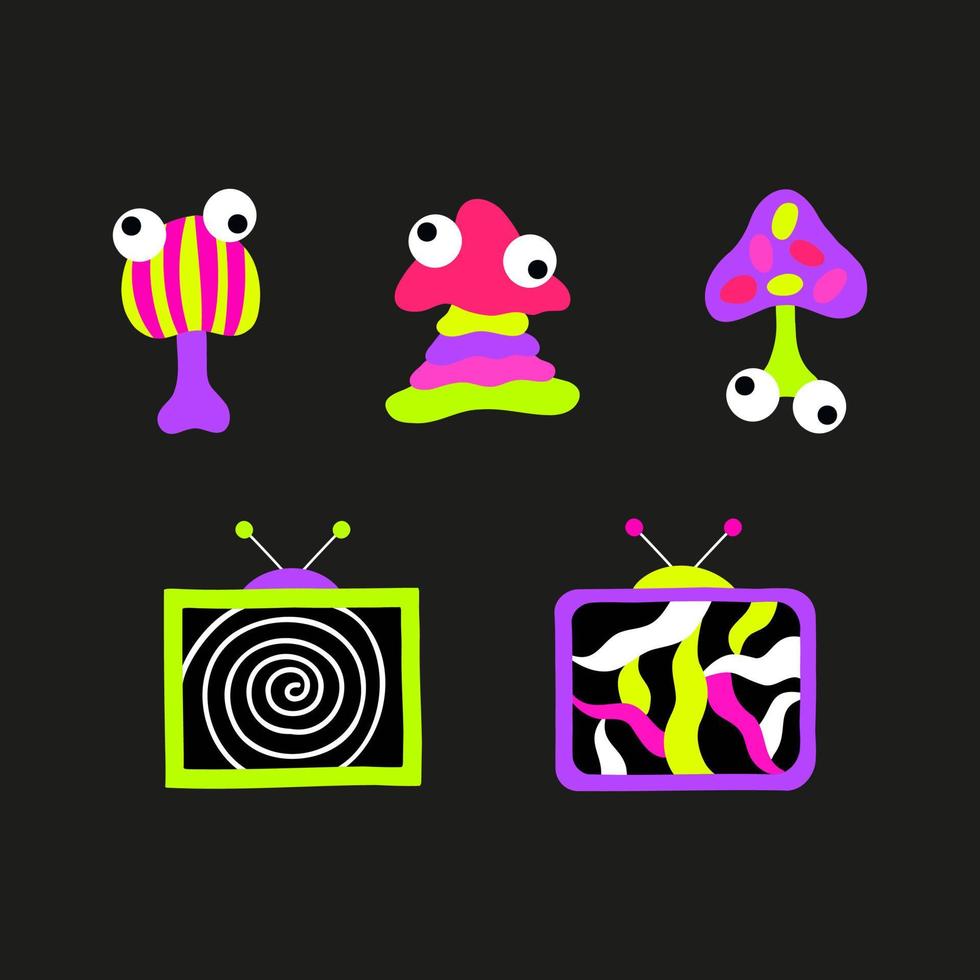 psychedelic trippy syra rave uppsättning. trendig abstrakt svamp och tv-apparater i tecknad serie stil. 60-tal, 70-talet, hippie element vektor