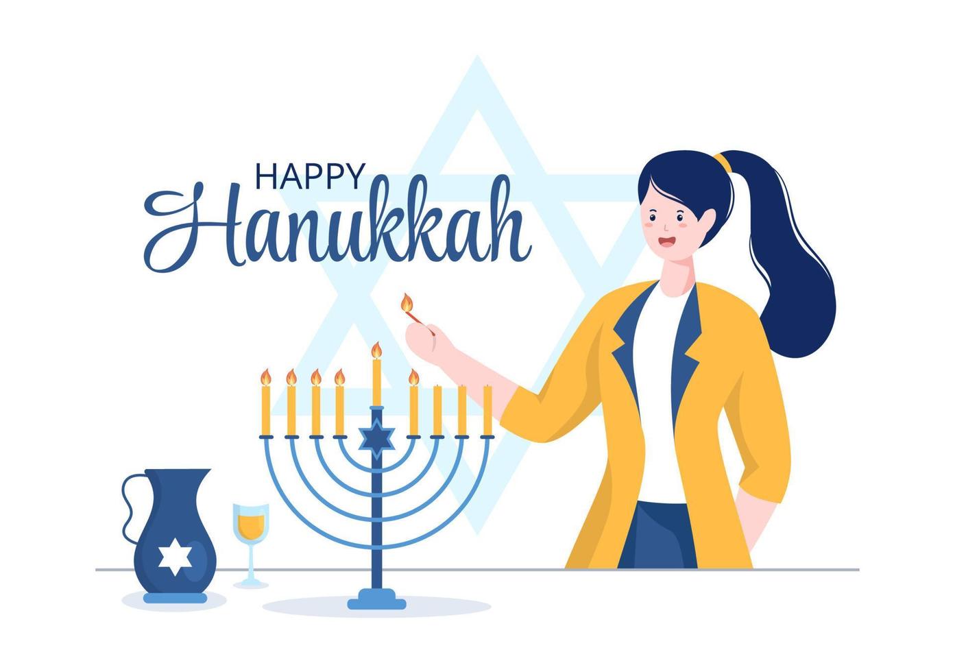 glückliche hanukkah jüdische feiertagsvorlage handgezeichnete flache illustration der karikatur mit menorah, sufganiyot, dreidel und traditionellen symbolen vektor