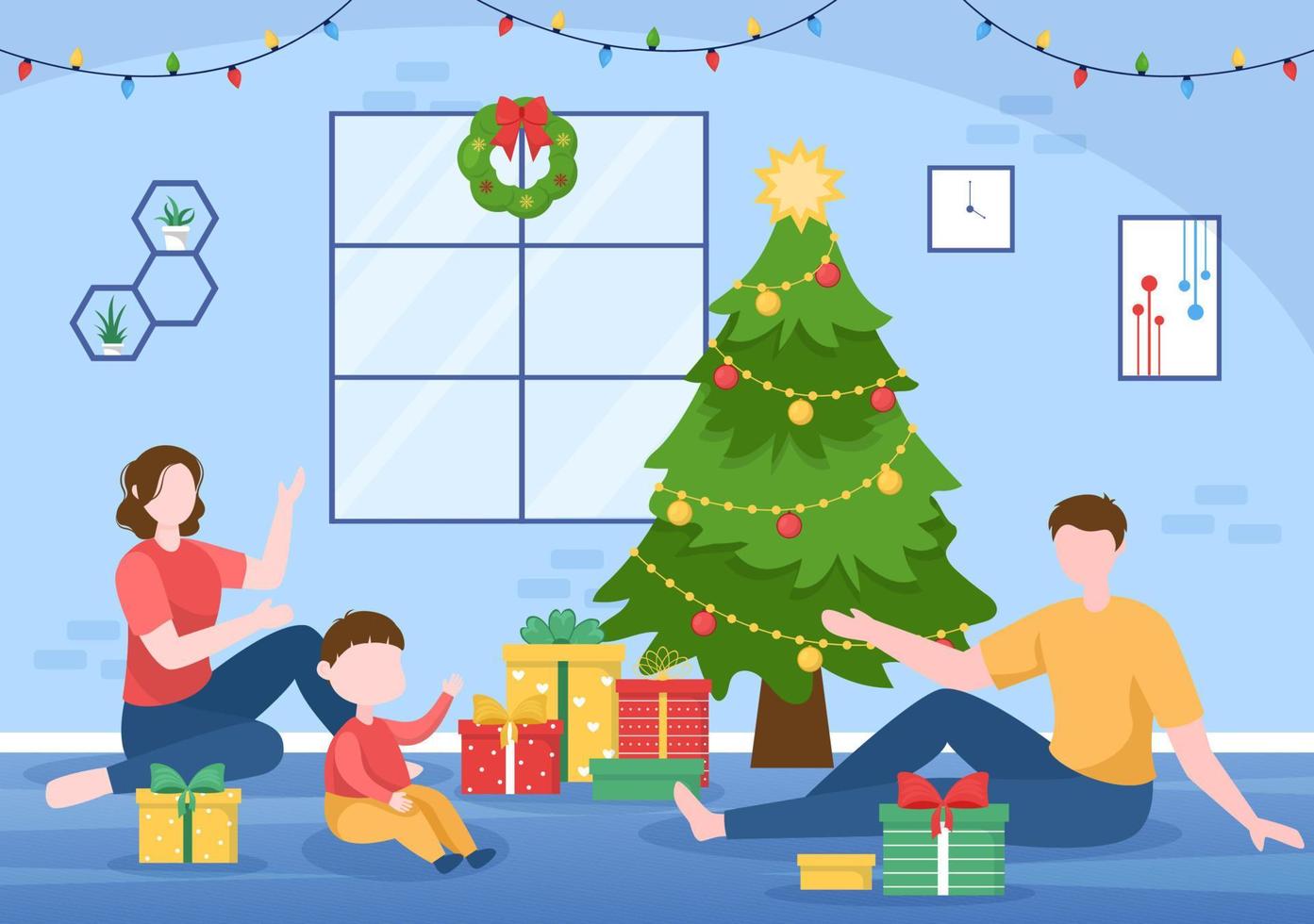 glad jul och Lycklig ny år mall hand dragen tecknad serie platt bakgrund illustration med med människor firar, snögubbe och vinter- landskap vektor