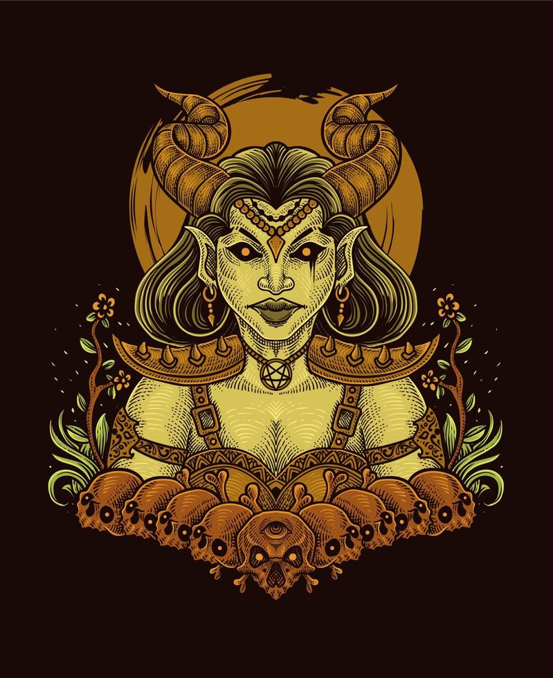 illustration demon flicka med skalle antik gravyr stil perfekt för t-shirt, luvtröja, jacka, affisch vektor