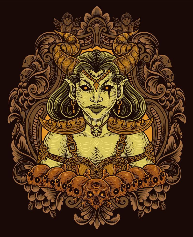 Illustration Dämonenmädchen mit antikem Gravurstil des Schädels, perfekt für T-Shirt, Hoodie, Jacke, Poster vektor