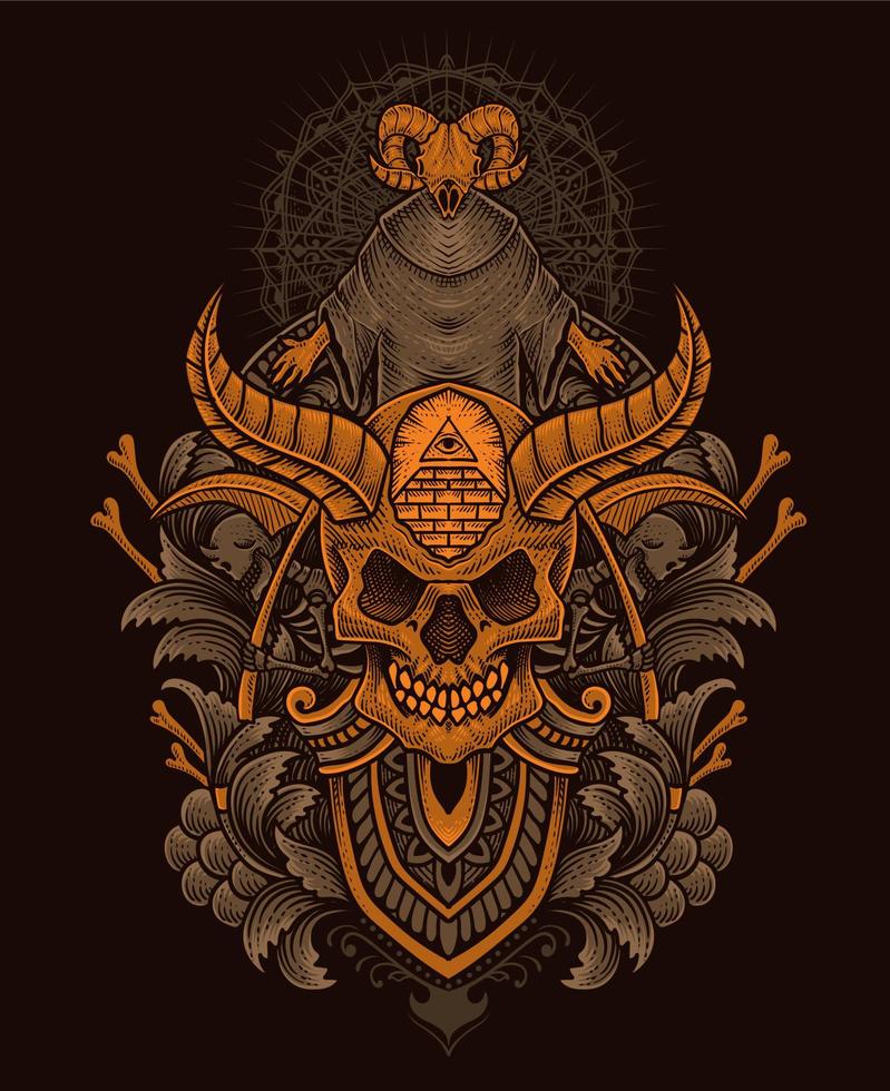 Illustration Dämonenschädel mit antikem Gravurstil perfekt für T-Shirt, Hoodie, Jacke, Poster vektor
