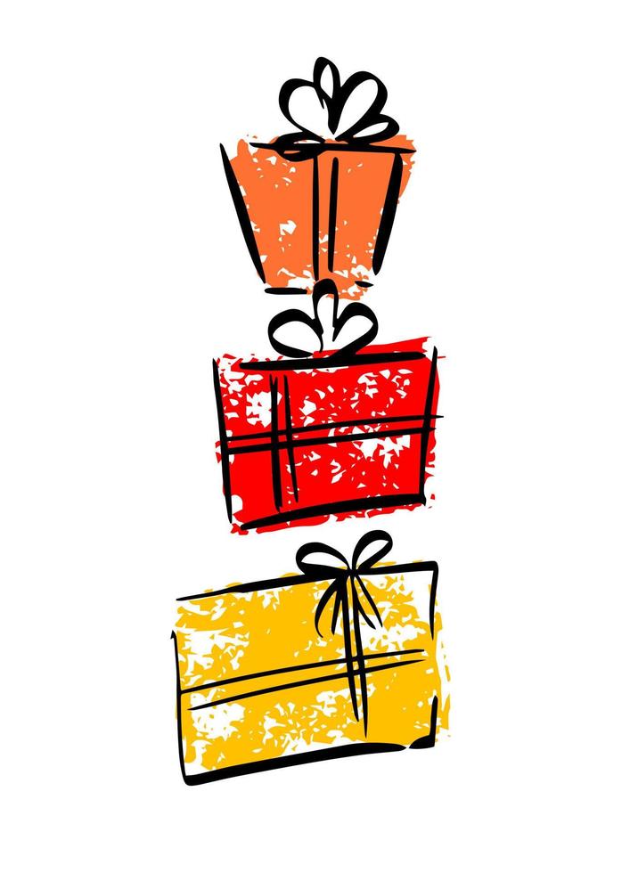 drei helle geschenkboxen mit schleifen und bändern. geschenke für weihnachten, neujahr und andere feiertage. Vektor-Illustration. vektor