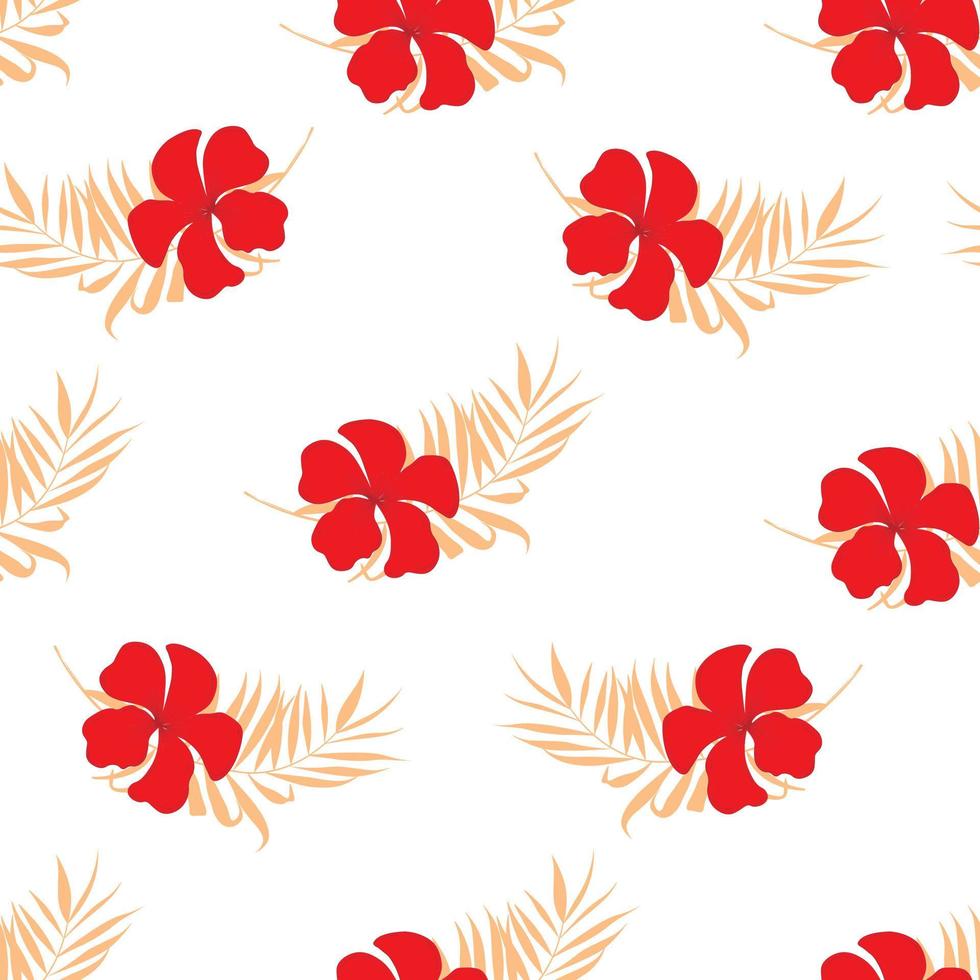 blommig sömlös mönster. tropisk röd blommor. plumeria. vektor stock illustration. gyllene handflatan löv.